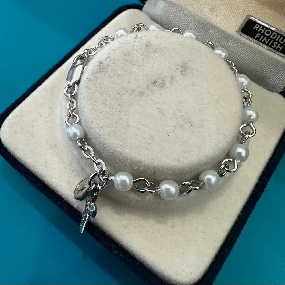 Rhodium Plated Faux Pearl Crucifix Cross Religious Medal Bracelet Baby Jewelry